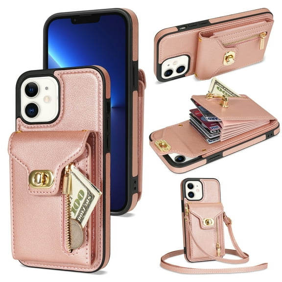 ELEHOLD for Apple iPhone 11 Zipper Pocket Case, Flip PU Leather Wallet Crossbody Shoulder Strap Lanyard Case with Credit Card Holder Women RFID Blocking Protective Purse Cover, rosegold