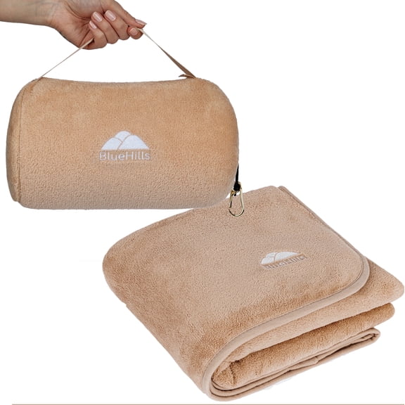 BlueHills Travel Blanket Rolled Premium Soft Plush Airplane - Beige