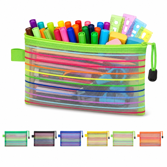 Pencil Case, Rainbow Stripe Mesh Zipper Pouch, Slim Organizer for Classroom Office Travel Supplies