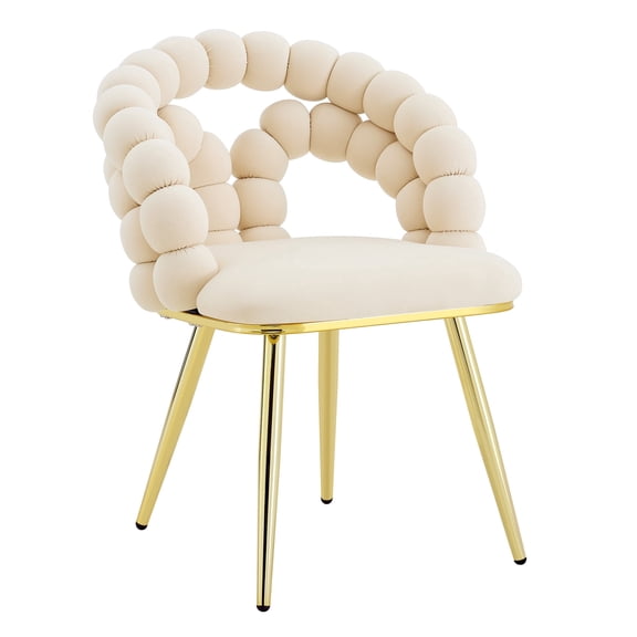 Set of 2 Beige Bubble Chairs, Puffy Velvet Dining Chairs with Gold Metal Legs, Modern Accent Chairs for Dining Room, Kitchen, Living Room