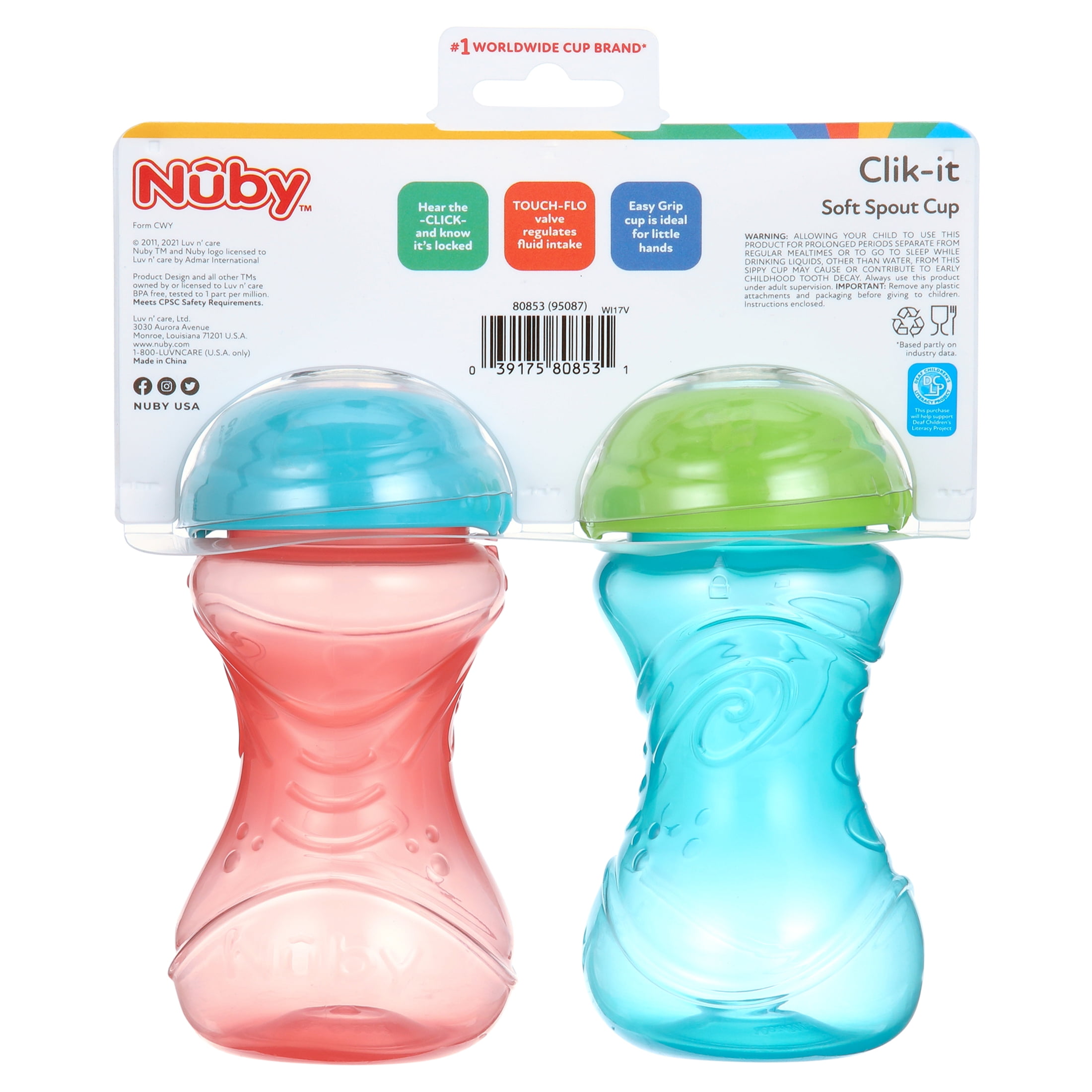 Nuby 2 Pack 10 Oz. Clik-It Cup with Silicone Spout, Red & Blue