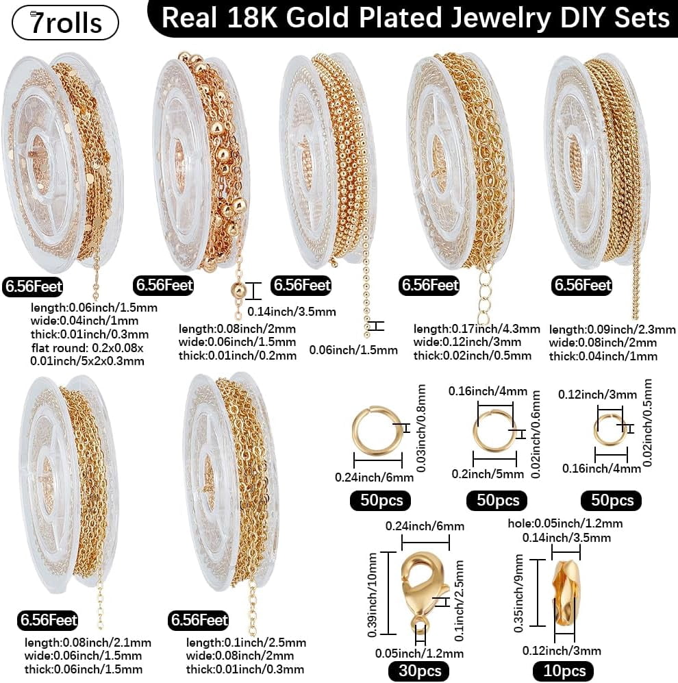7 Styles 18K Gold Necklace Chains for Jewelry Making DIY Bracelet Chain Making Kits with 4/5/6mm Jump Rings Lobster Clasps Connectors for Necklace Making Accessories DIY Making