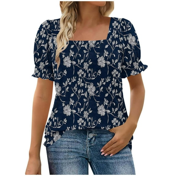 Uaswgudfs Elegant Women Blouses Summer Tops Casual Short Sleeve Square Neckline Blouse with Ruffle Cuffs & Delicate Floral Embroidery - Slim Fit