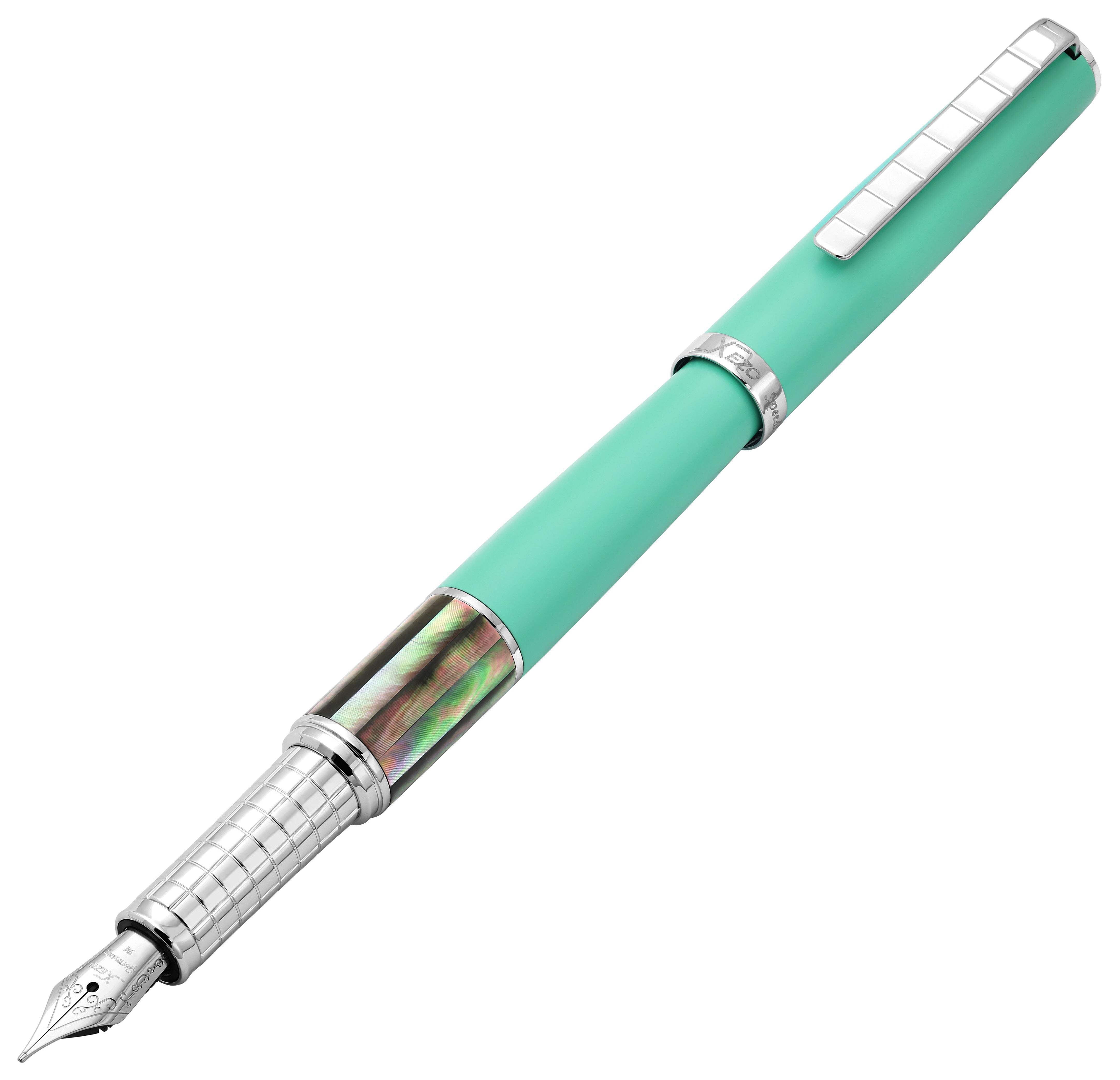 Xezo Speedmaster® Aqua Green Brass Fountain Pen (Medium Nib) - With Tahitian Black Mother of Pearl