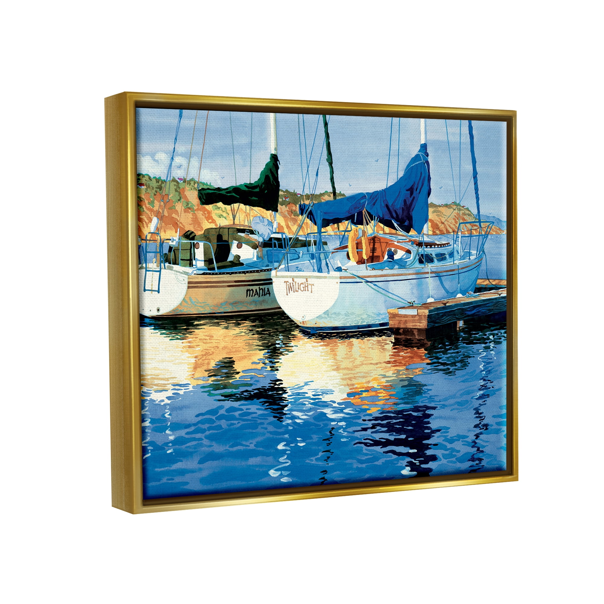 Stupell Industries Boats at Marina Dock Transportation Painting Gold Floater Framed Art Print Wall Art, 31 x 25