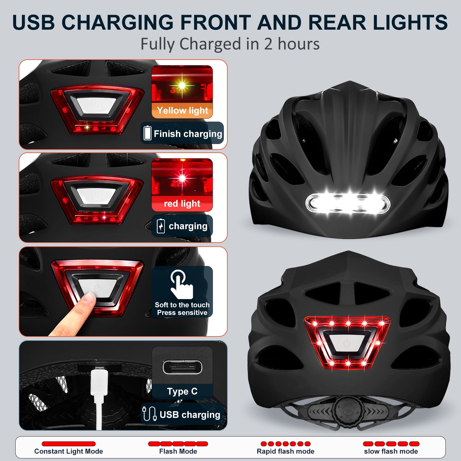 GUDOOK Bike Helmet Adult Bike Helmets for Men/Women:  USB Rechargeable LED Front and Rear Lights for Cycling Urban Commuter Skateboard