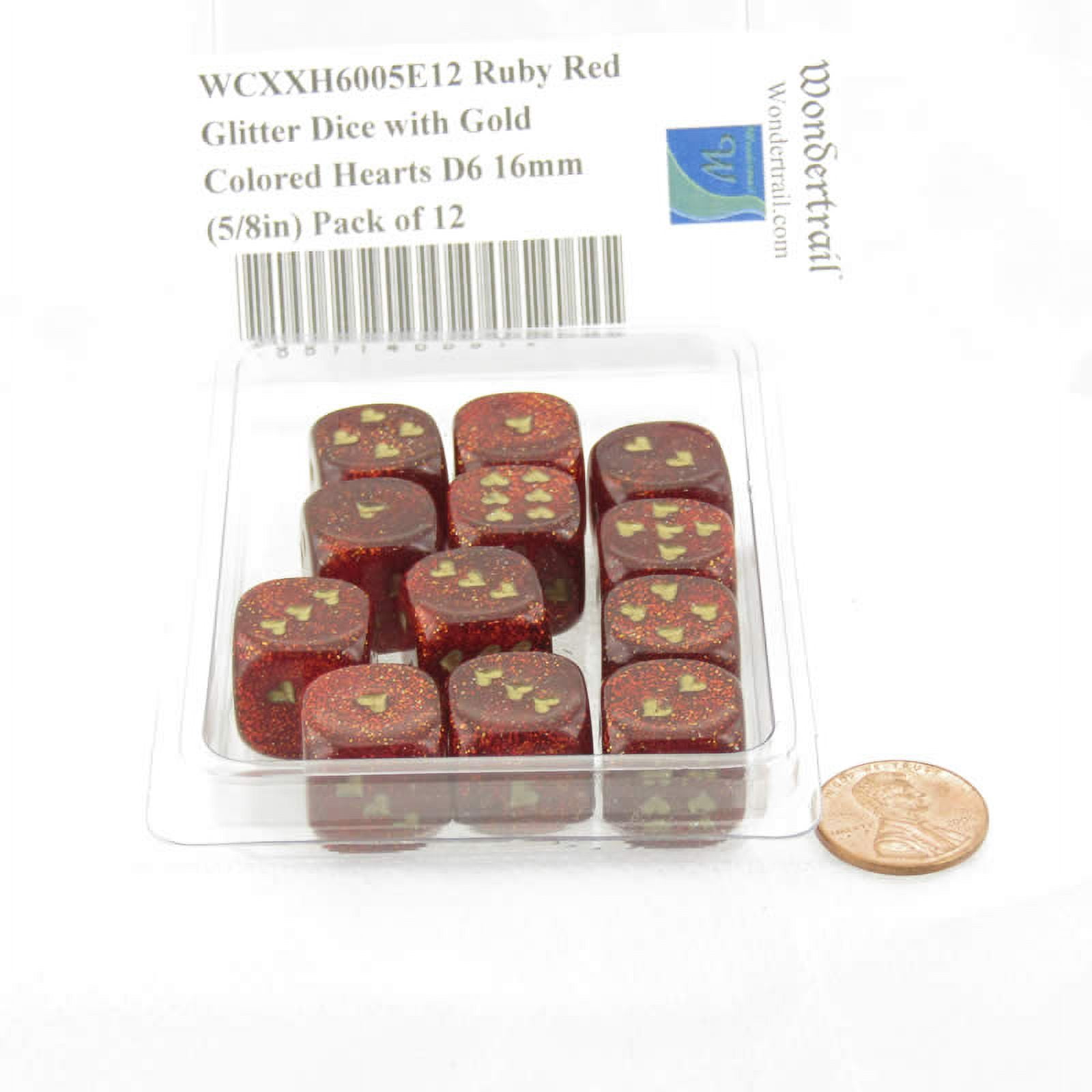 Ruby Red Glitter Dice with Gold Colored Hearts D6 16mm (5/8in) Pack of 12 Wondertrail