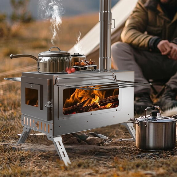 Wisfor Heavy Duty Stainless Steel Camping Wood Burning Stove Tent Stove for Outdoor Heating Cooking with Chimney, 12.2x15.75inch