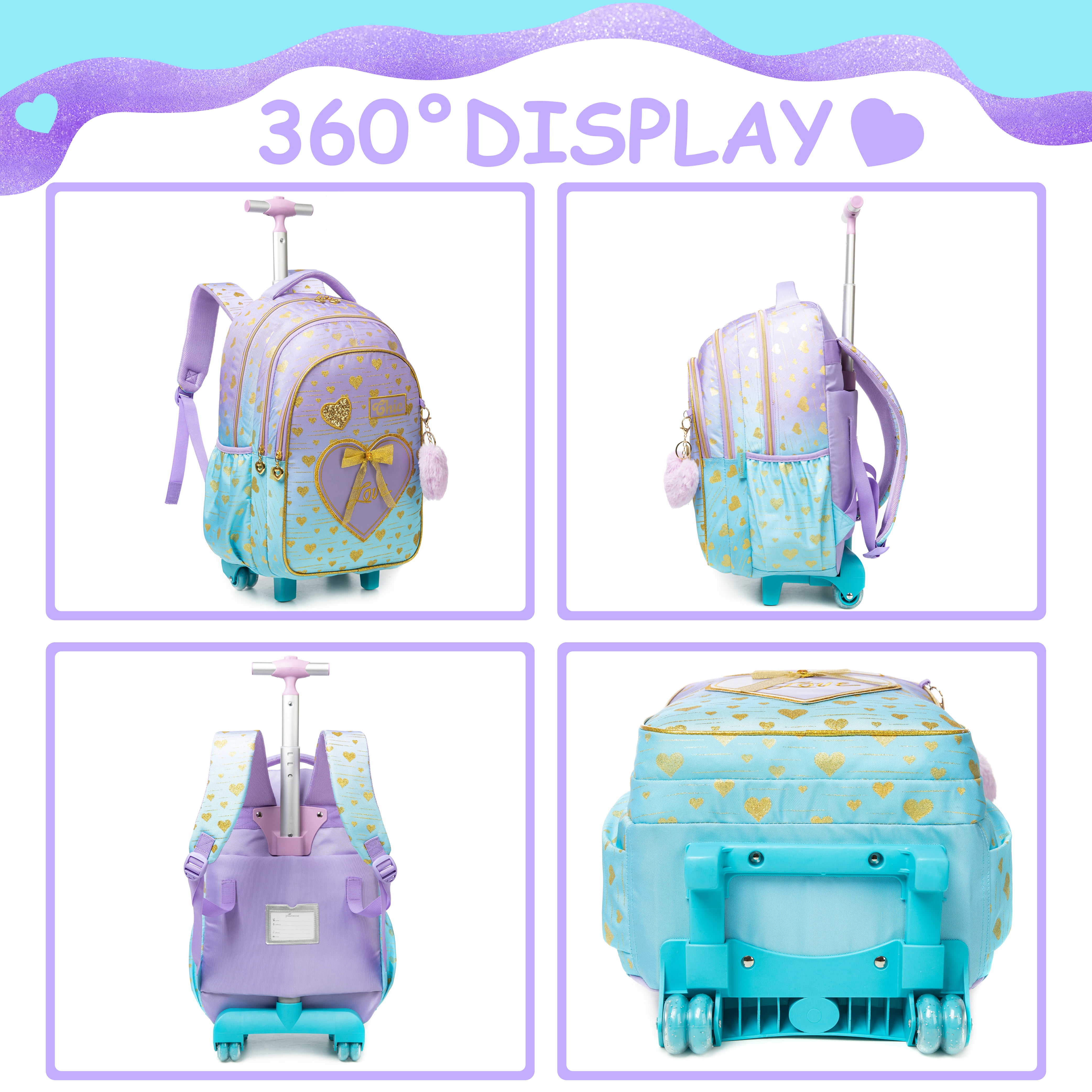 Kids Rolling School Backpack with Wheels Roller Backpacks for Girls Carry on with Lunch Box Pencil Case for Age 8-10 Purple