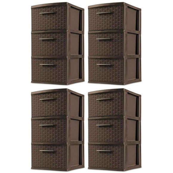 Sterilite 3 Drawer Decorative Plastic Weave Storage Tower, 4-Pack, Espresso