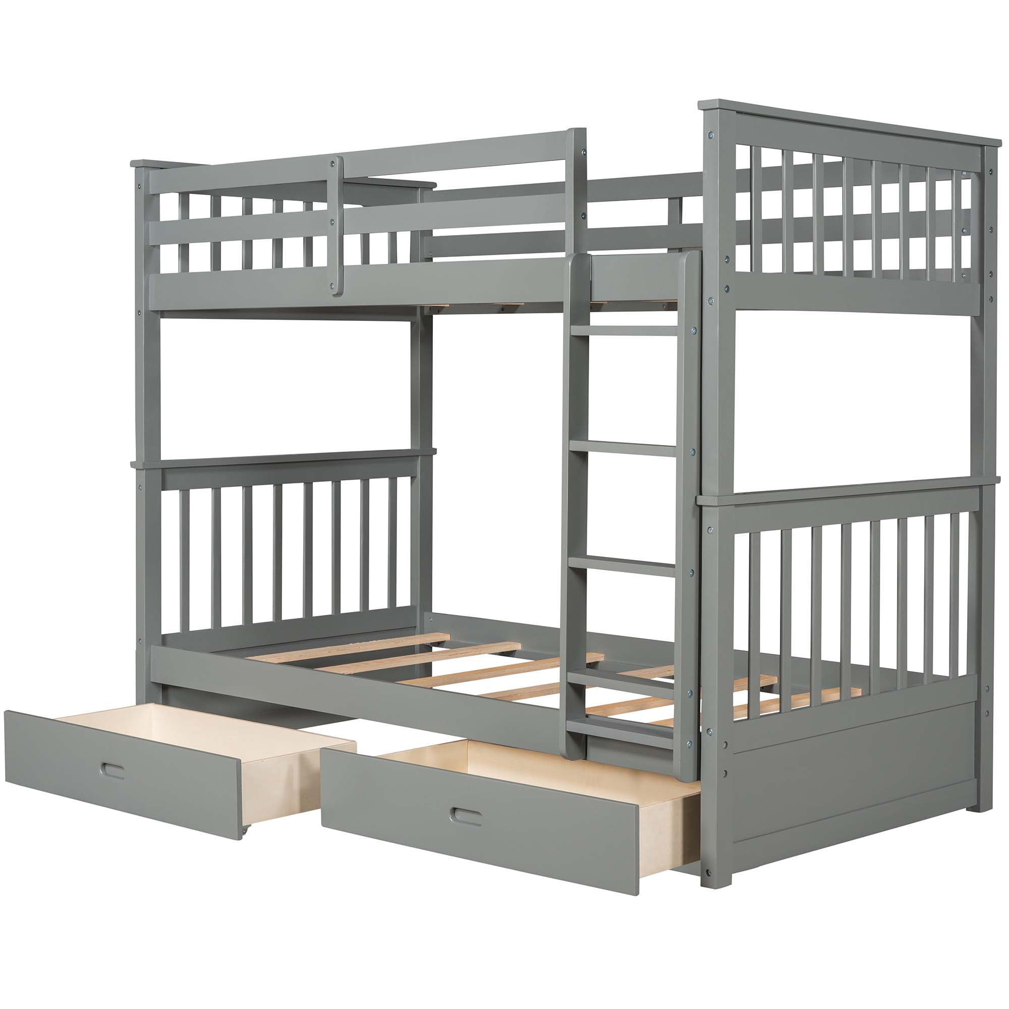 Aukfa Twin over Twin Bunk Bed with Two Storage Drawers, Wood Convertible Two Bed for Kids Teens - Gray