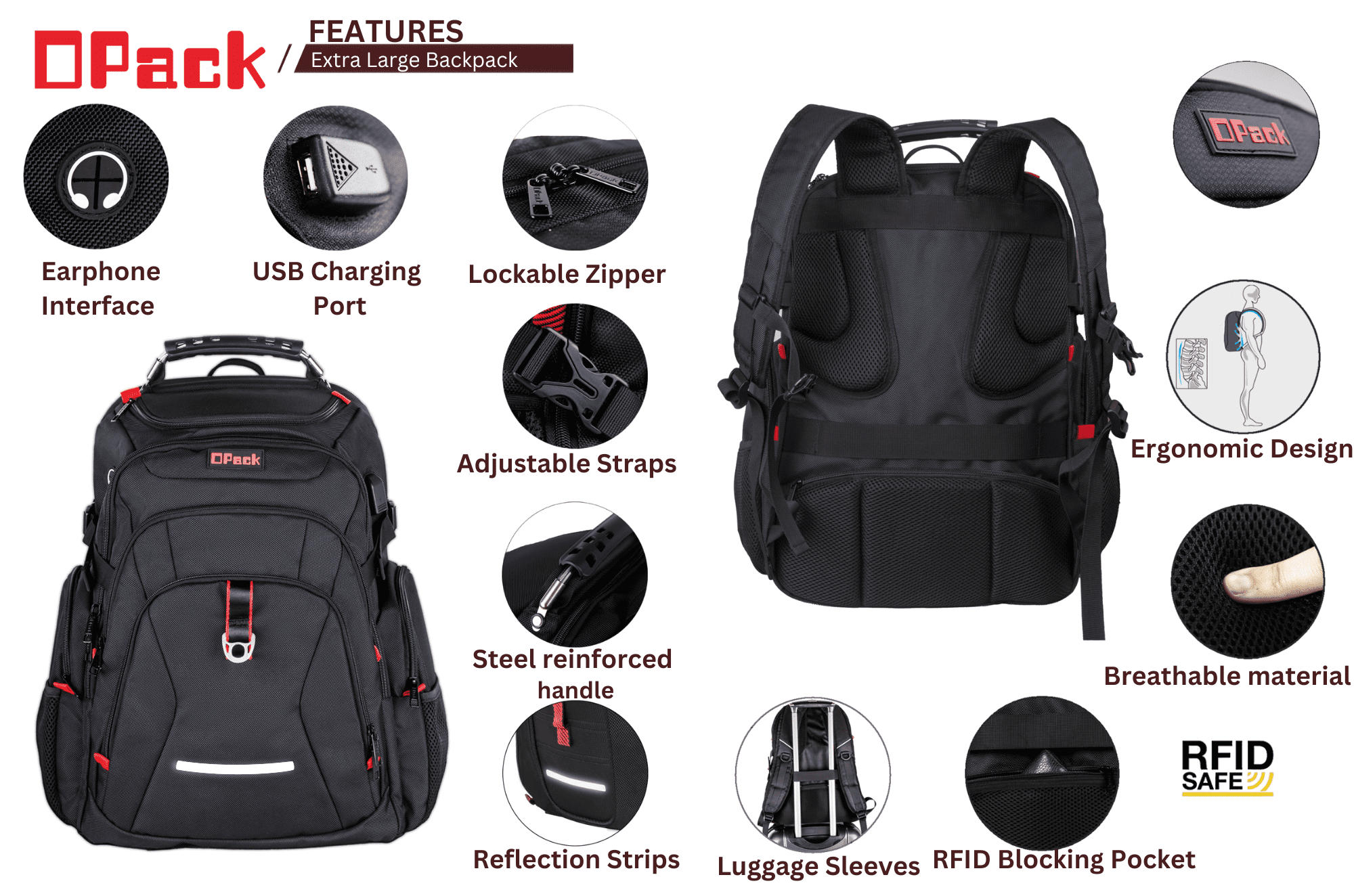 OPACK Extra Large Travel Backpack with USB Charging Port, Durable and Water-Resistant