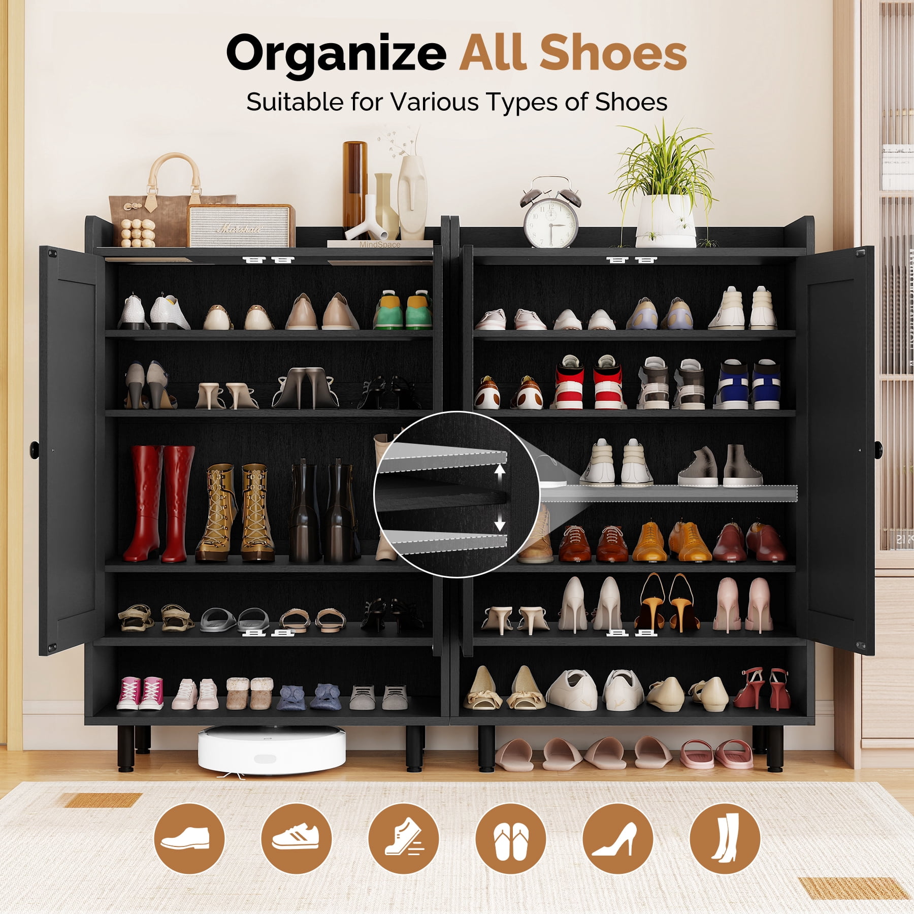 MOONMISS 5-Tier Adjustable Shelves Shoe Cabinet with Doors,Freestanding Shoe Storage Organizer,Shoe Rack for Entryway,Hallway,Closet