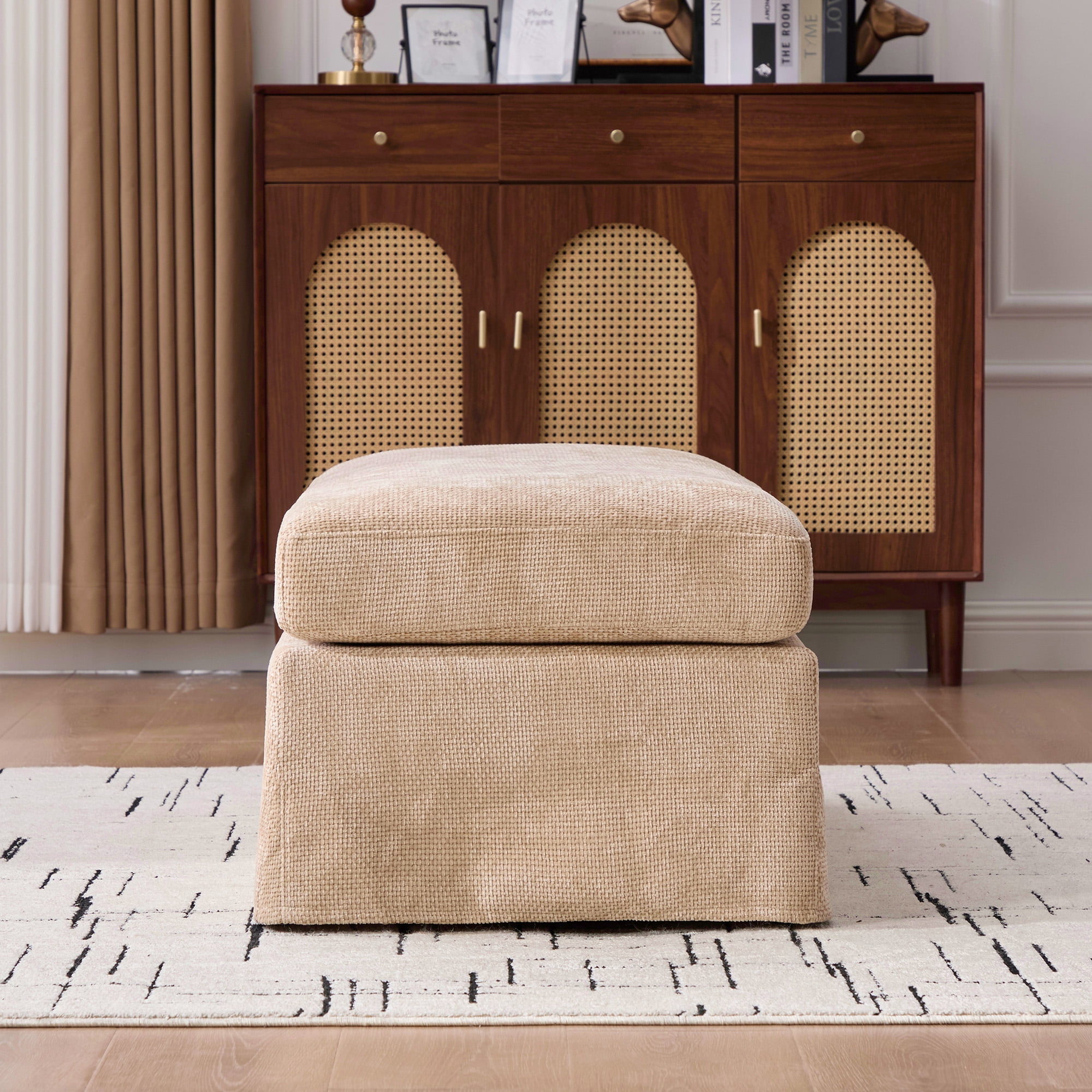 43.7" Wide Wheat Chenille Ottoman Square Foot Stool with Black Metal Legs, Removable Cushion Cover & Tray, 500LB Capacity for Living Room Bedroom Entryway Office