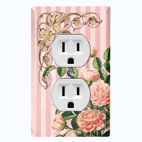 Metal Light Switch Plate Outlet Cover Elegant Pink Floral Striped Damask FLW076