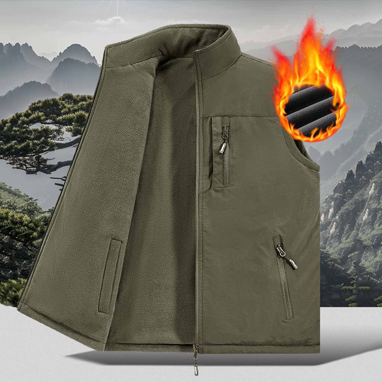 RYDCOT Men's Running Vest Outerwear, Zip up Winter Warm Vests Lightweight Waterproof Fleece-Lined Softshell Sleeveless Jacket for Golf Army Green