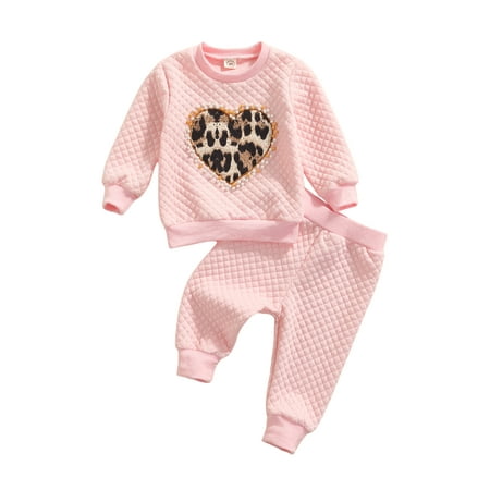 

Mioliknya Toddler Girl Fall Clothes Long Sleeve Leopard Print Heart Pattern Pullover Tops and Pants Set Kid 2Pcs Outfit
