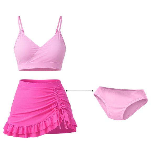 LIIPEE Girls Swimsuit Sets Casual Summer Solid Color Adjustable Spaghetti Strap V Neck Bikini Tops Shorts Ruffle Skirt 3 Piece Set Children Kids Fashion Backless Beach Pool Swimsuits,Hot Pink,13-14Y