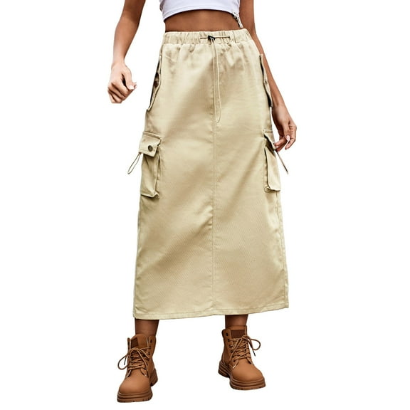 WEAIXIMIUNG Heavy Industry Drawstring Design Denim Cargo Skirt Skirt Skirts for Women Midi Length Plus Size Trendy 2024 Khaki L