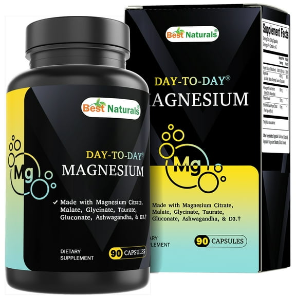 Best Naturals Day-to-Day Magnesium Supplement 400 mg 90 Veg Capsules - Made with Vitamin D3, Ashwagandha Root Extract, Spinach & BioPerine