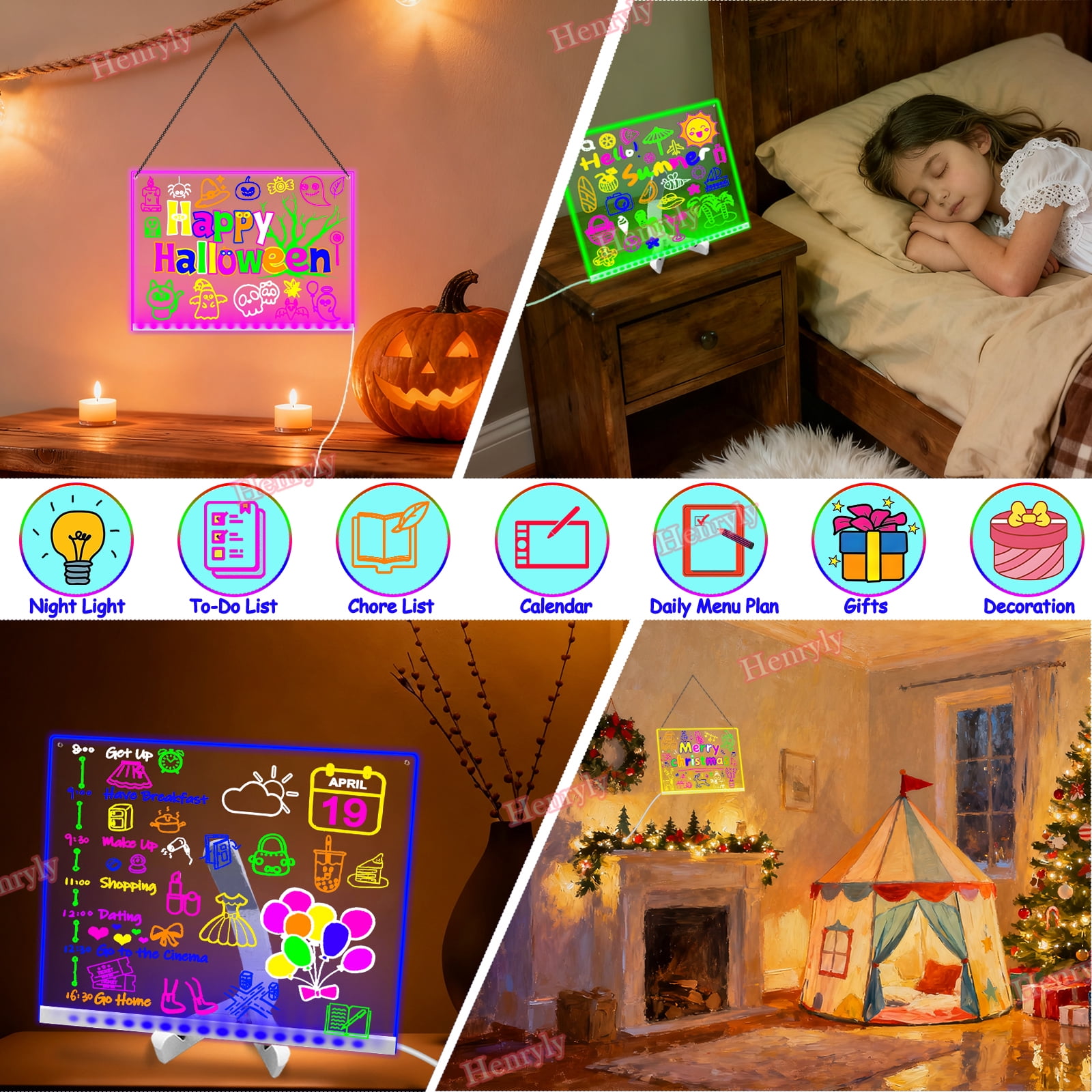 11.8 X 7.9 Inchs 7 Colors Change Acrylic Dry Erase Board, Light up LED Note Board To Do List Desktop Clear Memo Note Board with Remote Control, Glowing Letter Message Drawing Menu Boards
