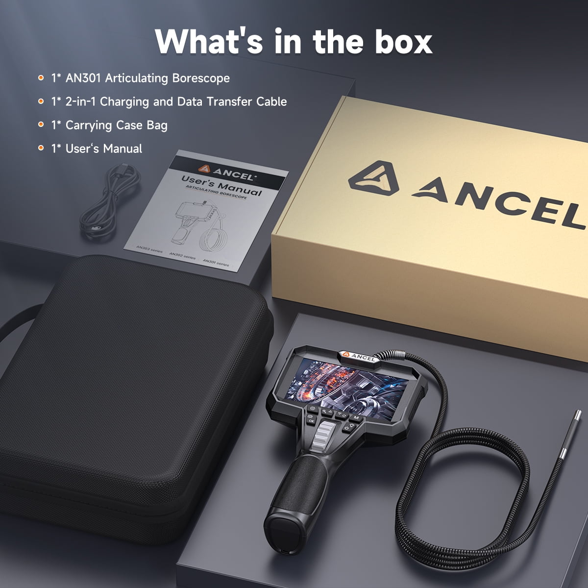 ANCEL AN301 6.2mm Articulating Endoscope Camera 2-Way 210° Industrial Borescope Inspection Tool, IP67 Waterproof, 5.25FT Cable