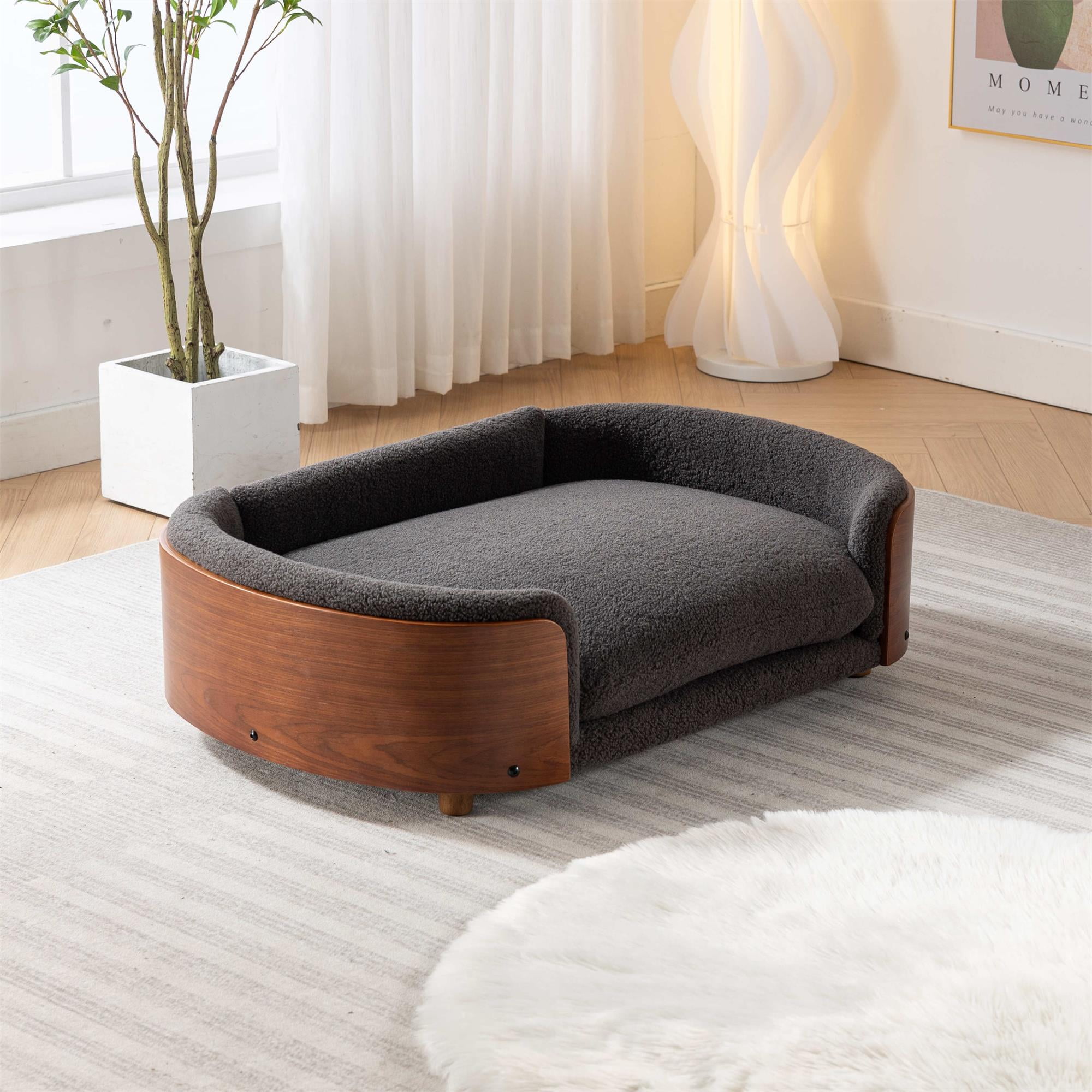 Pefilos 38" Elevated Pet Dog Bed with Solid Wood Legs and Walnut Bent Wood Back, Cashmere Cushion, Pet Sofa for Indoors Dogs, Dark Gray Pefilos 38" Elevated Pet Dog Bed with Solid Wood Legs and Walnut Bent Wood Back, Cashmere Cushion, Pet Sofa for Indoors Dogs, Dark Gray