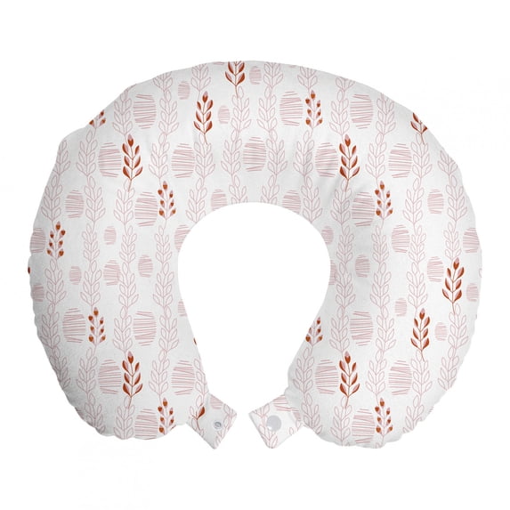 Pastel Travel Pillow Neck Rest, Soft Colored Pattern of Modern Design Hatches and Botanical Leaves Art, Memory Foam Traveling Accessory Airplane and Car, 12", Blush Rust and White, by Ambesonne