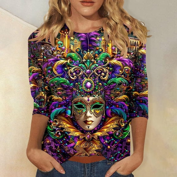 CYiJun Mardi Gras Shirts,Women's Glitter Mardi Gras Blouse,3/4 Sleeve Sequined Top with Fleur De Lis Pattern for Parade