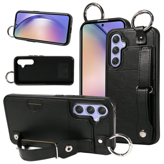 SaniMore Case for Samsung Galaxy A15, PU Leather Durable [Back Card Slots] Wristlet Kickstand Buckle Protective Bumper Cover Shockproof Anti-fall/Anti-scratch for Ladies, Black