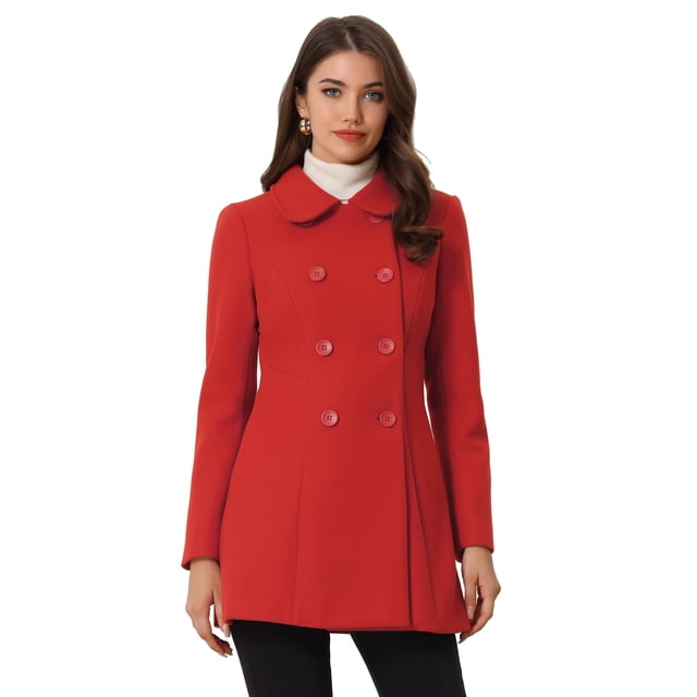 Abrigo Largo De Invierno Con Cuello Peter Pan Y Doble Botonadura Para Mujer Rojo XL