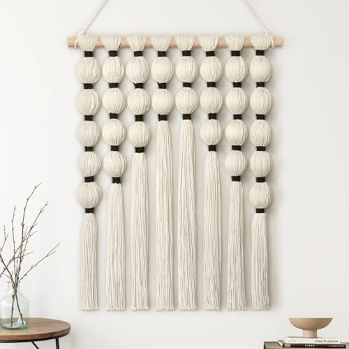 Macrame Wall Hanging Boho Woven Tapestry, Bohemian Home Wall Art Decor Chic Modern Aesthetic Handmade Beige Yarn Decoration for Living Room Bedroom Dorm Office Nursery Backdrop 16.5"Wx22''L