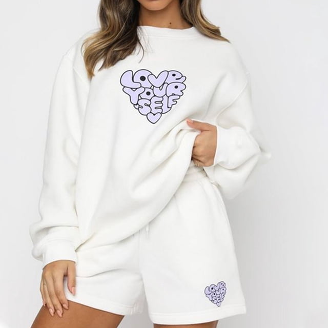 LOVZFMLL Women's Solid Color Long Sleeve Drawstring Pocket Casual Short Pants Plus Fleece Two Piece Suit Set White S