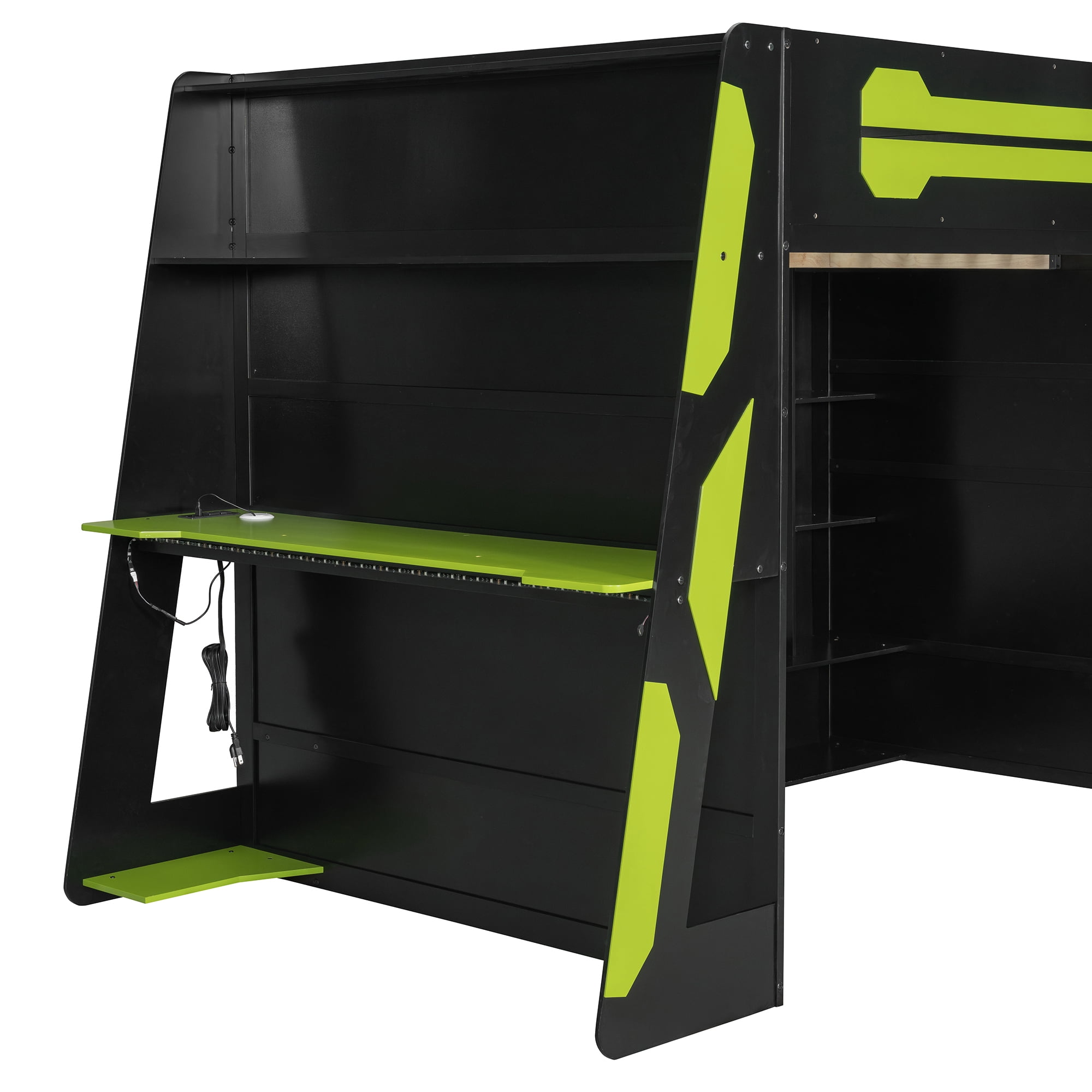 Aukfa Full Size Gaming Loft Bed for Teens, Wood Esports Bed Frame with Desk, LED Lights, Charging Station & Storage Shelves, Green