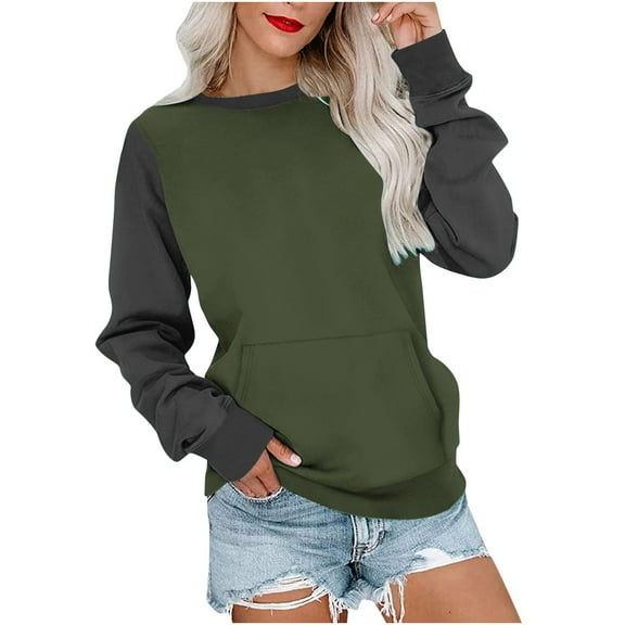 Drses Long Sleeve Womens Tops Womens Casual Loose Patchwork Splicing Long Sleeved Round Neck Tops With Pocket Women's sweatshirts
