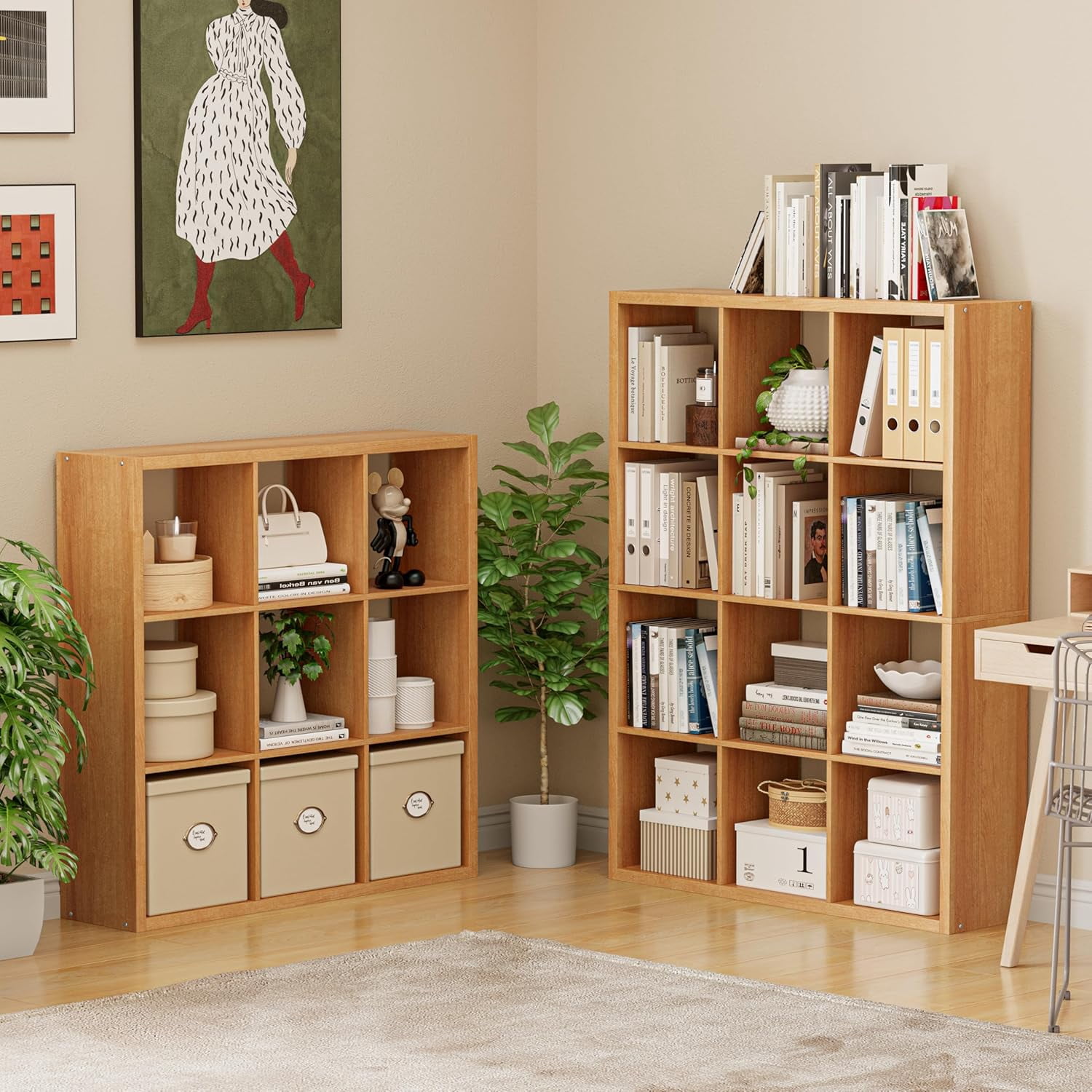 Anhdah 9 Cube Storage Organizer Bookshelf, Natural-Oak Wooden Bookcase Storage Shelf, Sturdy 9-Cube Organizer for Living Room, Bedroom, Home Office, Easy Assembly