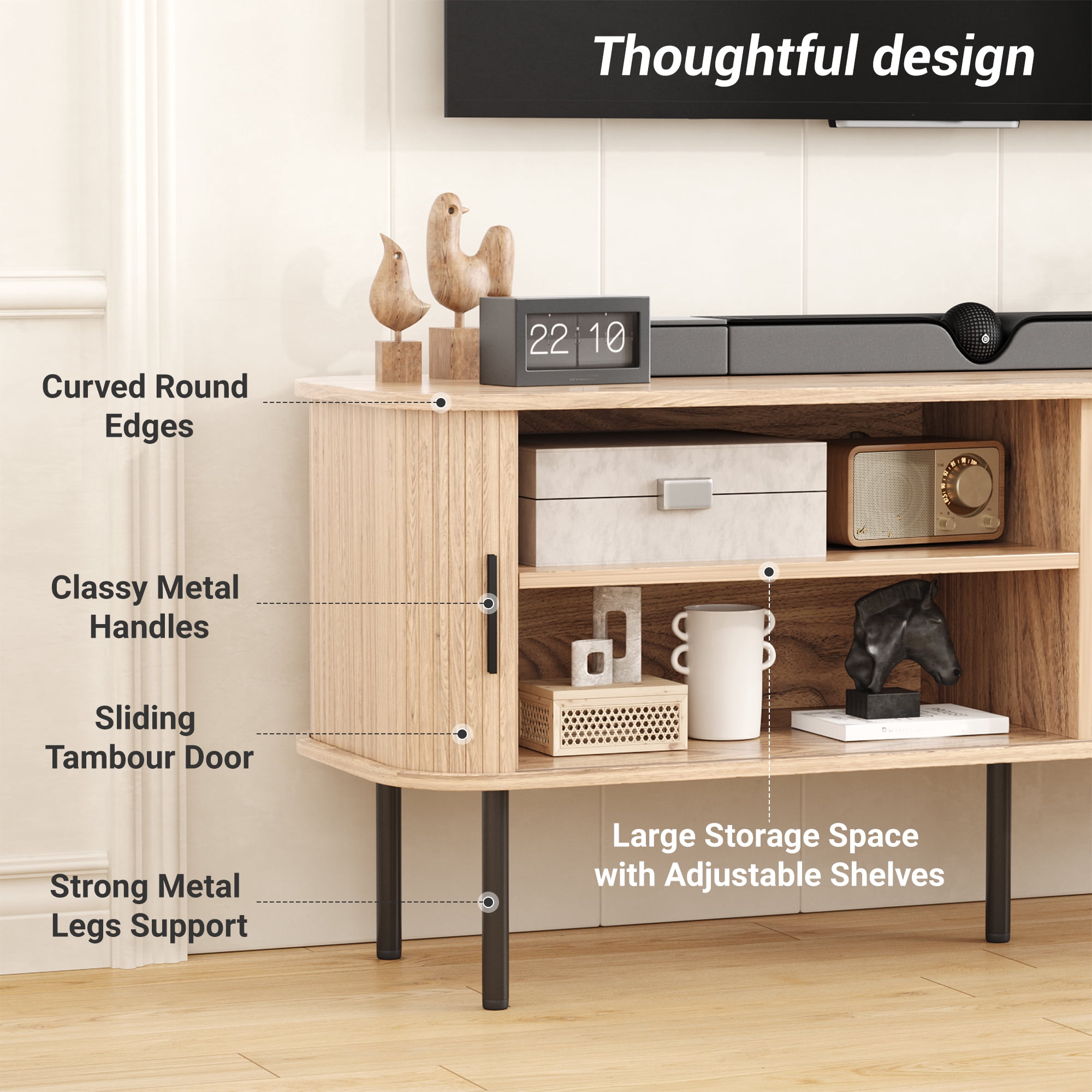 VEANERWOOD 63" TV Stand for 70" TV, Wood Entertainment Center with Storage and Shelves, 2 Sliding Tambour Doors, Mid-Century Modern,Natural