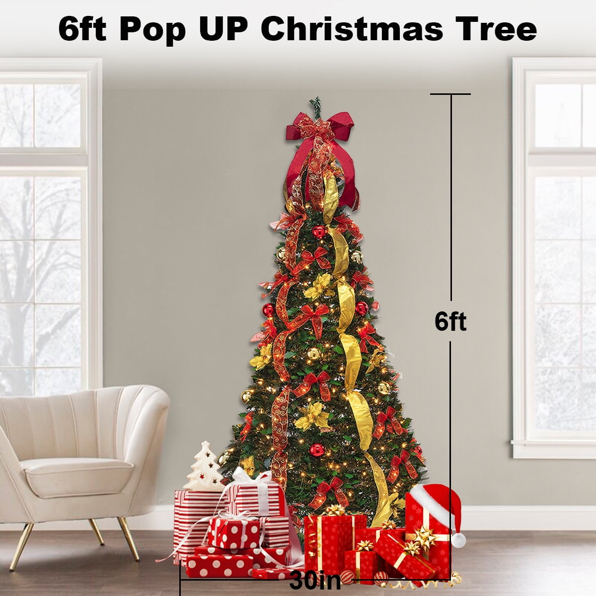 6 FT PULL UP DECORATED & PRE LIT COLLAPSIBLE POP UP CHRISTMAS TREE 200 LIGHTS 