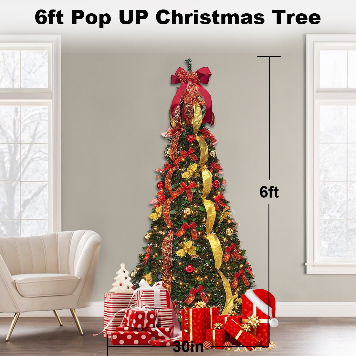 6FT Pop-Up Christmas Tree Pre-Lit 200LED Warm Lights Red Gold Pull Up Artificial Xmas Trees Holiday Party Decorations