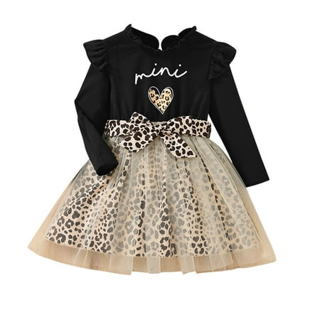 

Toddler Kids Baby Girls Dresses Long Sleeves Mesh Leopard Print Casual Princess Dress Belt Outfit Baby Girl Clothes