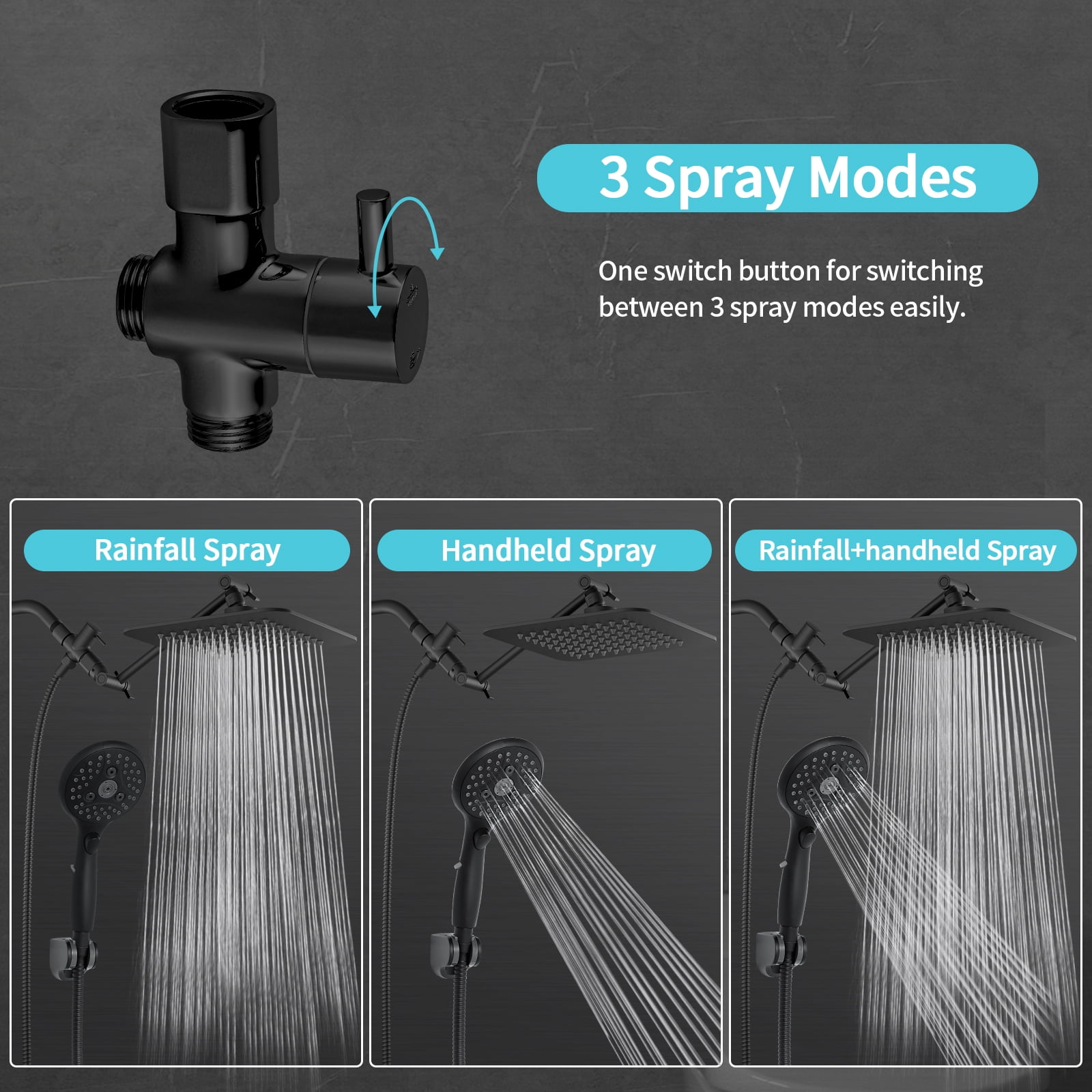VXV 7-Setting Shower Head, 8” Rain Shower Head with Handheld Spray Combo, 11" Extension Arm Height Adjustable, High Pressure Shower Heads, Matte Black