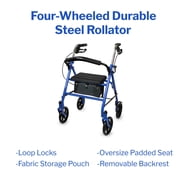 McKesson Rollator Walker for Seniors with Seat, Wheels - Blue, 300 lbs Capacity, 1 Ct