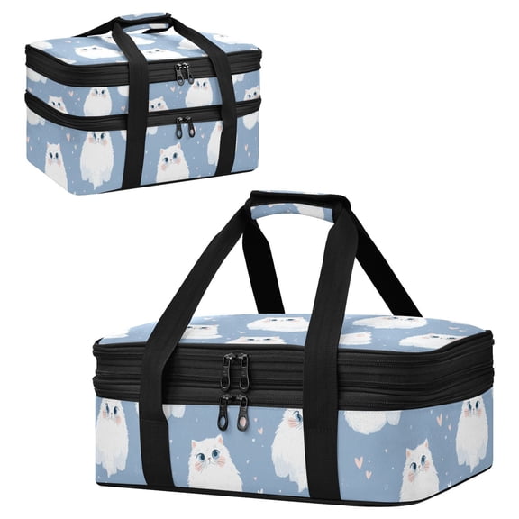 Large Double Decker Insulated Casserole Carrier Expandable 2-Layer Thermal Food Tote Bag Fluffy White Cat Seamless Pattern Hot Cold Pizza Lasagna Holder for Potluck Picnic Party Camping