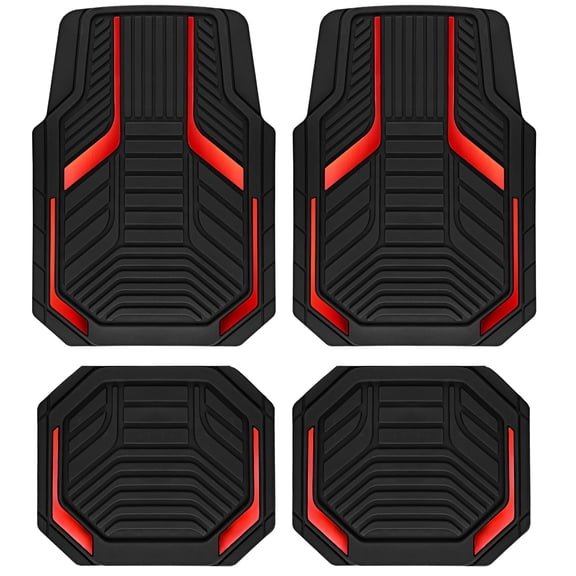 Elook Heavy Duty Rubber Floor Mats, Red Aluminum Film Car Mats Set, Front and Rear Car Mats with Anti-Slip Backing, All Weather Protection, Trim-to-Fit for Automotive SUV, Sedan, Van