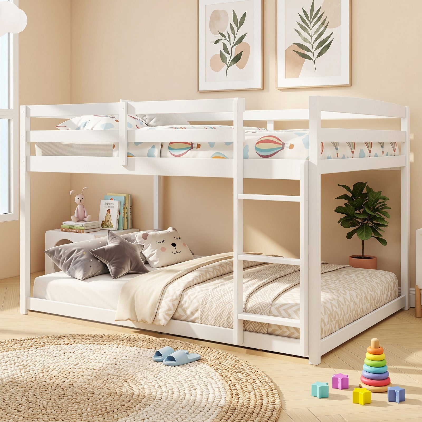 Furnibear Low-to-ground Full Over Full Wood Bunk Bed with Integrated Ladder and Safety Guardrails for Kids Shared Rooms, White