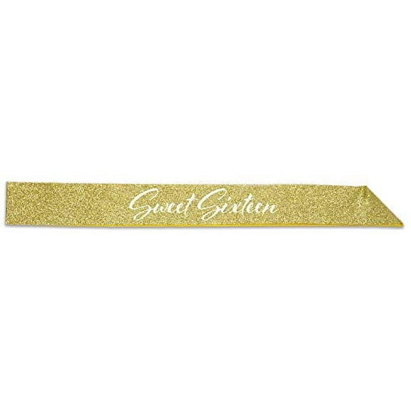 Beistle Glittered Sweet Sixteen Happy Birthday Sash Party Favors Supplies Costume Accessories, 32.5" x 3.5", Gold/White