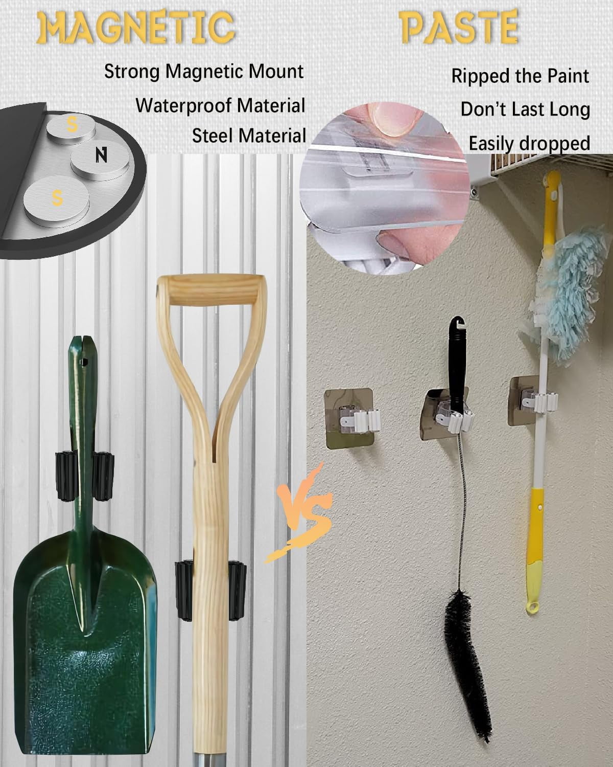 Magnetic Mop Holder, No Drilling Black Steel Tool Mount for Home, Kitchen, Laundry, Garage, Workshop - 2 Pack/Black