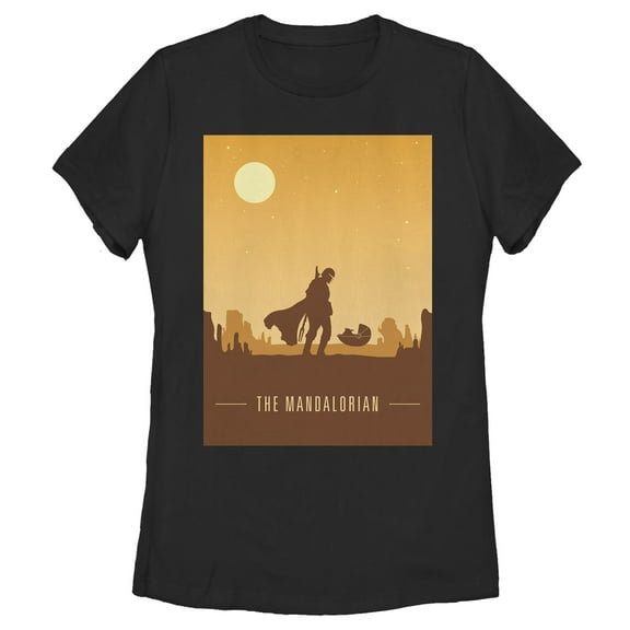 Women's Star Wars: The Mandalorian The Child and Bounty Hunter Silhouette Desert Graphic Tee Black Large