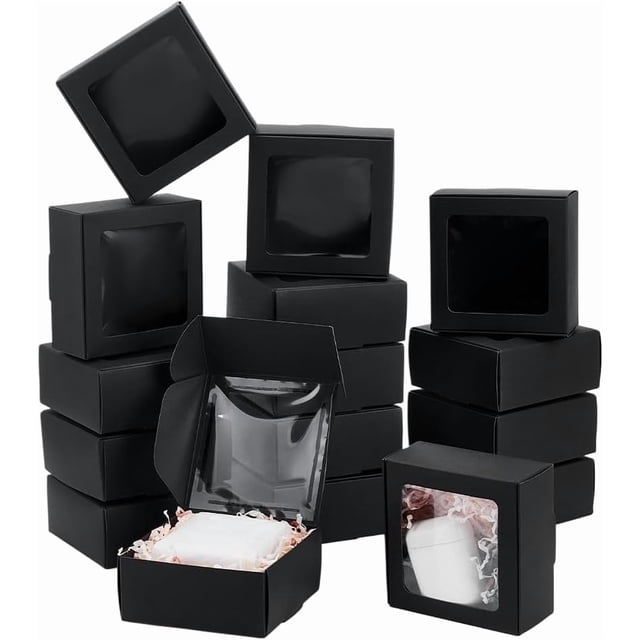 30 cajas de regalo cuadradas de papel negro con ventana de PVC transparente para bodas, chocolates, galletas y otras pequeñas manualidades, 3,6 x 3,6 x 1,6 pulgadas.