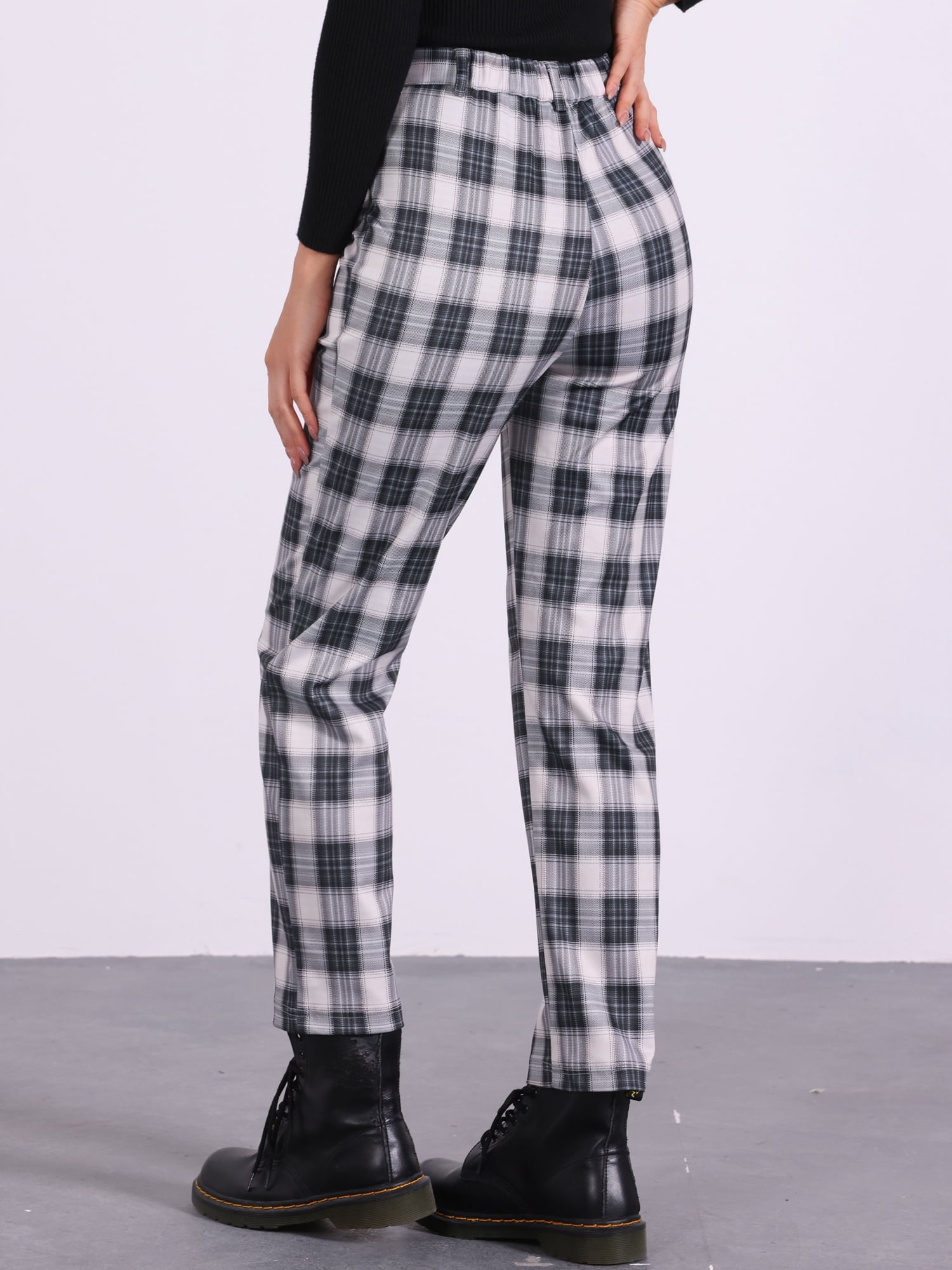 DARING DIVA Women's Plaid Trousers Button Tartan Check Work Pants M Black Beige